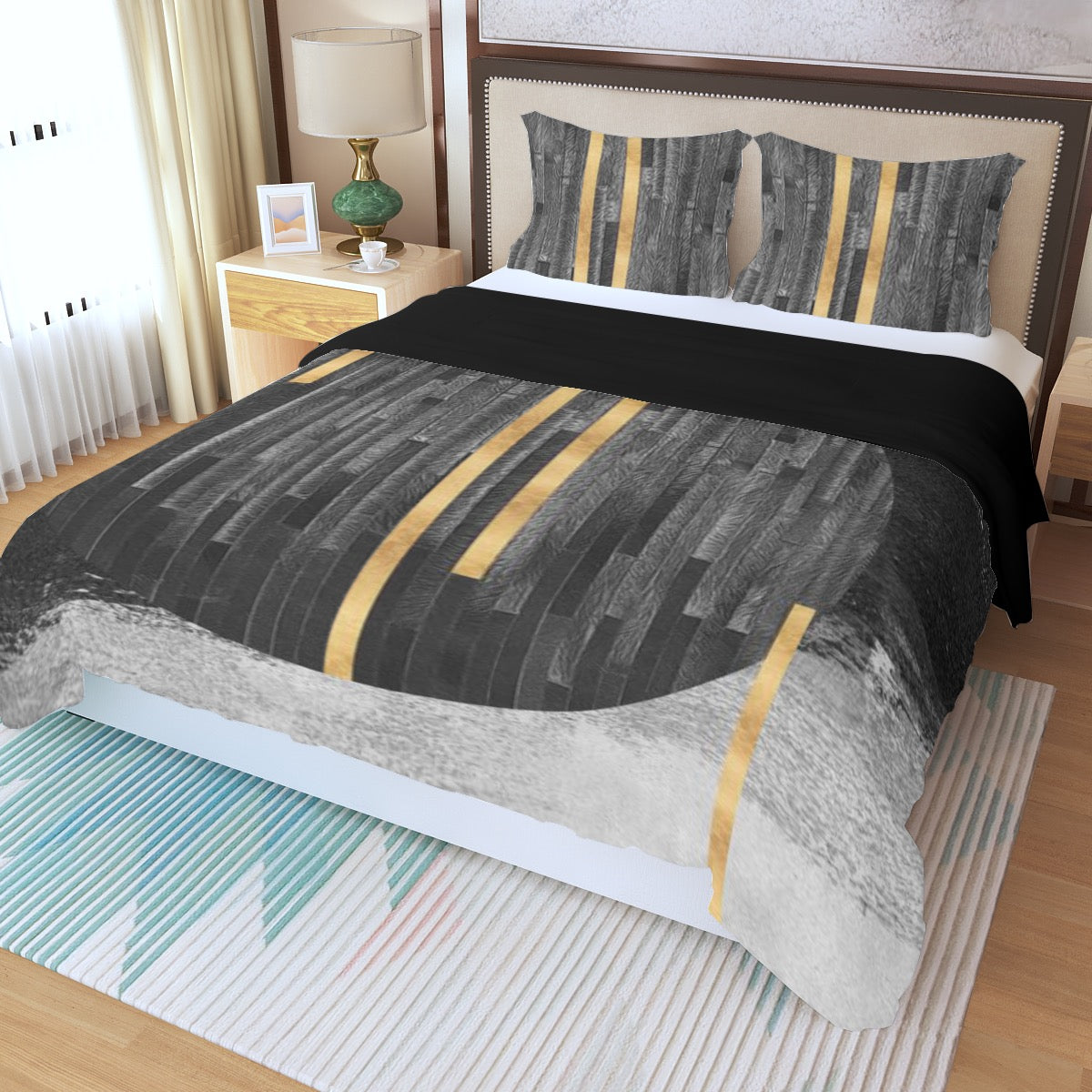 Black and Gold Three Piece Duvet Bedding Set