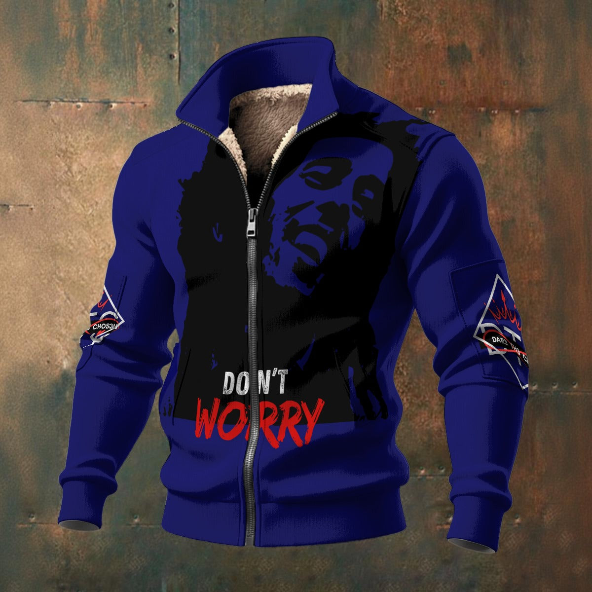 “Don’t Worry”  Navy blue Graphic Zip-Up Fleece Jacket – Reggae-Inspired Streetwear