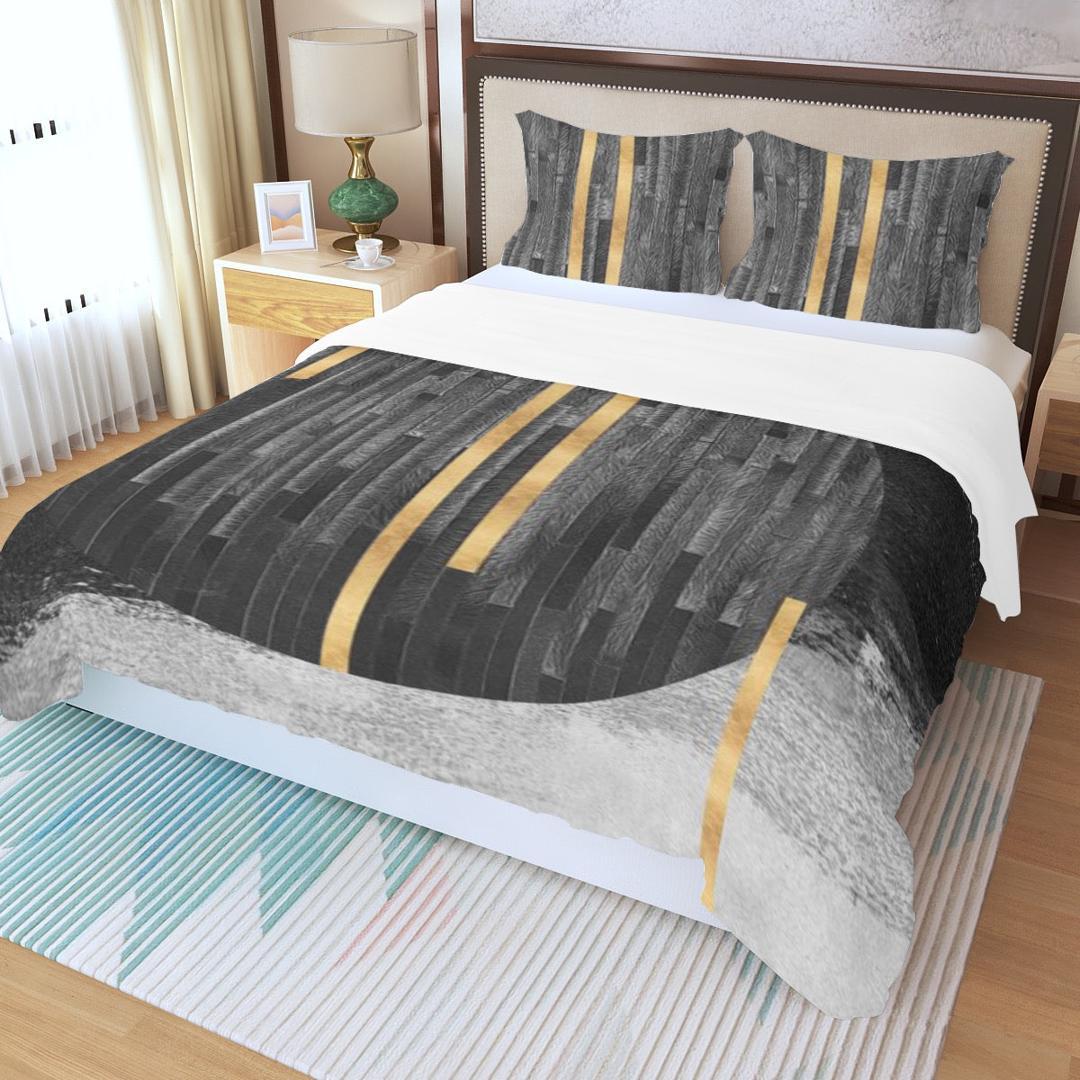 Black and Gold Three Piece Duvet Bedding Set